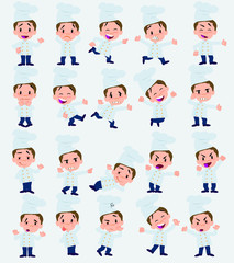 Cartoon character chef. Set with different postures, attitudes and poses, doing different activities in isolated vector illustrations.