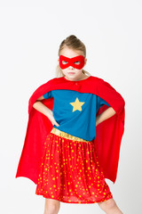 pretty blonde supergirl with red mask and red cape