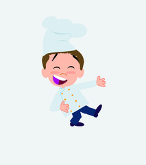 Chef laughing while teaching something to his left. 