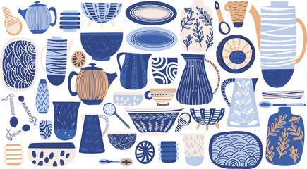 Lovely bright abstract rustic colorful pattern of hand drawn dishes: vase, plates, jug, spoon, dish vector illustration. Perfect for greetings card, textile, fabric, wallpapers, banners, menu