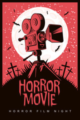 Naklejka premium Vector poster for a festival of horror movie with an old film projector on a cemetery on a moonlit night. Scary cinema. Can be used for ad, banner, flyer, web design