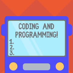 Handwriting text writing Coding And Programming. Concept meaning Design and build an executable computer program Drawn Flat Front View of Bus with Blank Color Window Shield Reflecting