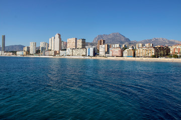 Obraz premium Aerial photo showing the whole of Benidorm in Alicante, you can see everywhere included Playa de Levante beach, Balcón del Mediterráneo and all the high rise hotels.
