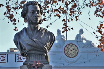 Odessa, Ukraine - January 2019. Monument to Alexander Pushkin, Russian poet and writer. The city...