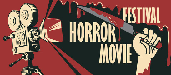 Obraz premium Vector banner for festival horror movie. Illustration with old film projector and a hand holding a bloody knife. Scary cinema. Horror film night. Can be used for advertising, banner, flyer, web design