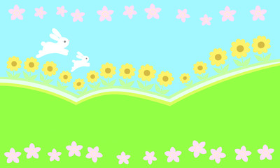かわいいウサギが遊ぶ春の野原