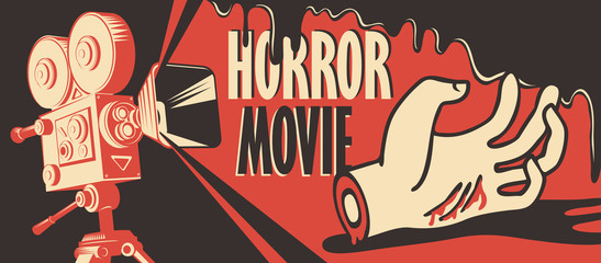 Fototapeta premium Vector banner for festival horror movie. Illustration with old film projector and a severed hand in a puddle of blood. Scary cinema. Horror film night. Can be used for ad, banner, flyer, web design
