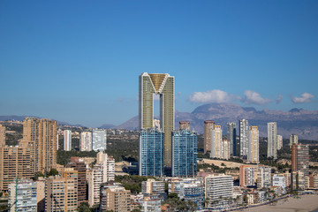 Fototapeta na wymiar Aerial photo showing the whole of Benidorm in Alicante, you can see everywhere included Playa de Levante beach, Balcón del Mediterráneo and all the high rise hotels.