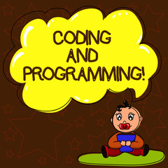 Fototapeta premium Writing note showing Coding And Programming. Business photo showcasing Design and build an executable computer program Baby Sitting on Rug with Pacifier Book and Cloud Speech Bubble