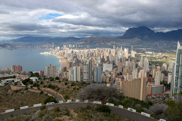 Obraz premium Aerial photo showing the whole of Benidorm in Alicante, you can see everywhere included Playa de Levante beach, Balcón del Mediterráneo and all the high rise hotels.