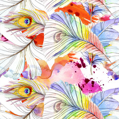 Colorful bird feather from wing isolated. Watercolour drawing fashion aquarelle isolated. Seamless background pattern.