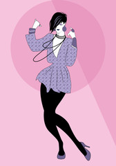 Young woman dancing new wave music wearing clothes in the style of the 80s