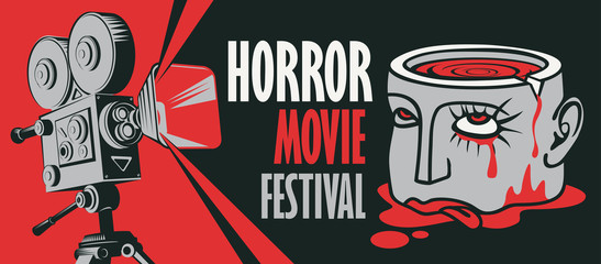 Vector banner for festival horror movie. Illustration with old film projector and a severed human head with blood tears in a puddle of blood. Scary cinema. Can be used for banner, flyer, web design