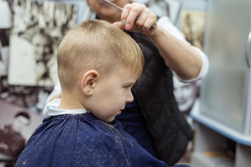 Little boy does a haircut at the hairdresser. Baby hair care.