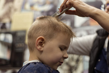 Obraz na płótnie Canvas Little boy at the hairdresser. Child is scared of haircuts.