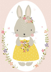 Cute design vector illustration of beautiful happy rabbit wears yellow dress with white dots, wreath with flowers. Graphic drawing bunny, poster for kids, decor of nursery room. Baby shower, wallpaper