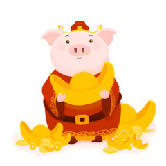 Obraz na płótnie Canvas Cartoon pig dress up as chinese God of Wealth