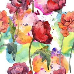 Plaid avec motif Coquelicots Fleur botanique florale de pavot rouge. Ensemble d& 39 illustrations de fond aquarelle. Motif de fond sans couture.