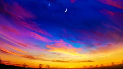 Moonlight night background . Crescent and many clouds in night sky  . Night sky with stars . Beautiful night . 