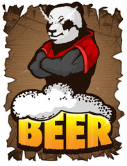 Beer for real men poster on a wooden background. Beer for strong men. Panda with beer. Stiker on beer