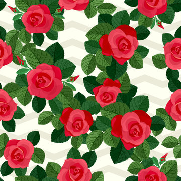 Red roses seamless pattern. Decorative arrangement for repeat background.