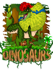 Dilophosaurus on the background of the forest. Vector logo. Dinosaur world