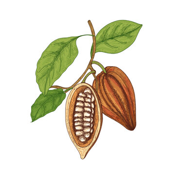 Detailed botanical drawing of whole and cut ripe pods or fruits of cocoa tree with beans, branches and leaves isolated on white background