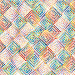 Pastel patchwork squares, rhombs. Colorful vivid grunge bright pattern. Collage with hand made crayon chalk pastel lines. Batik background, backdrop. Boho style stylization.