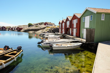 little colorful boat houses at Smögen at westcoast sweden