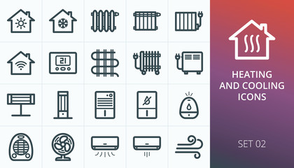 Home heating and cooling system icons set. Set of air conditioning, conditioner, oil radiator, smart house, electric warm floor, fan ventilator, dehumidifier, humidifier, infrared carbon heater icons