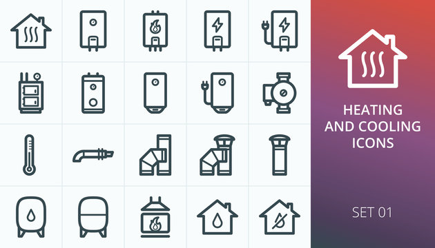 Home heating system icons set. Set of heating boiler, home electric water heater, fireplace, coaxial chimney, indirect heating boiler, central heating solid fuel boiler vector icons