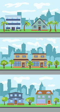 Set of three vector illustrations of city street with cartoon houses and trees