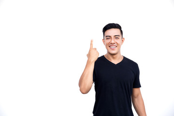 Naklejka premium Handsome latin hispanic man is pointing up isolated on white background.