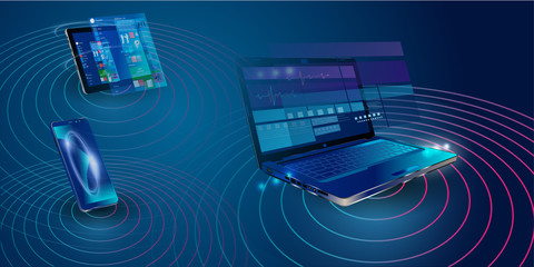 Creation responsive internet website for multiple platforms. Building mobile interface on screen of laptop, tablet, smartphone. Layout content on display devices. Conceptual banner of web technology.