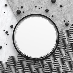 A round border frame on white marble stone and gray concrete surface with a triangular pattern. Copy space. Abstract geometric composition. 3D render.