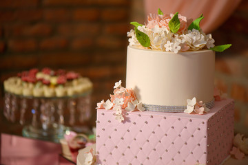 Large assortment of bite-sized cakes and a large three tiered cake embellished with velvet icing and sugar flowers, delicious dessert display at a wedding reception, a birthday party or a formal event