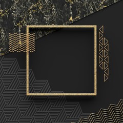 A square border frame on marble stone with a dark background and textured gold elements. Copy space. Abstract geometric composition. 3D render.