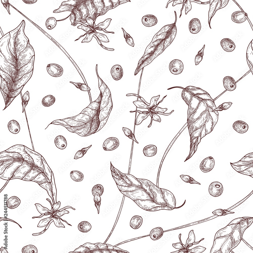 Aufkleber elegant seamless pattern with coffea or coffee tree flowers, leaves and ripe fruits or berries hand 