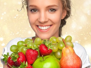 Attractive caucasian smiling woman with salad  isolated