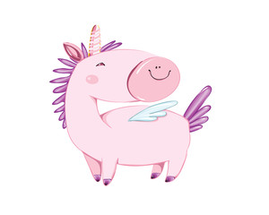 Cute little pink magical unicorn. Vector design on white background. Print for t-shirt. Romantic hand drawing illustration for children.