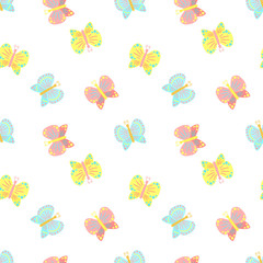 Easter seamless pattern of butterflies on a transparent background. Vector hand-drawn illustration for spring holiday, print, wrapping paper, textile, scrapbook, clothing, children, card, baby, summer