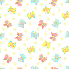 Obraz premium Easter seamless pattern of butterflies and flowers on a transparent background. Vector illustration for spring holiday print, wrapping paper, textile, scrapbook, clothing, children, card, baby, summer