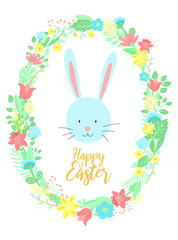 Fototapeta na wymiar Vector image of a funny blue rabbit in the flowers wreath with an inscription. Hand-drawn Easter illustration of a bunny for spring happy holidays, summer, greeting card, poster, banner, child, baby