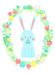 Fototapeta na wymiar Vector image of a cute blue rabbit in the flowers wreath. Hand-drawn Easter illustration of a bunny for spring happy holidays, summer, greeting card, poster, banner, children, baby