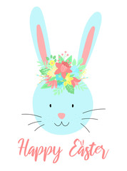 Vector image of a cute rabbit with flowers on the head with an inscription. Hand-drawn Easter illustration of a bunny for spring happy holidays, summer, greeting card, poster, print, child, banner