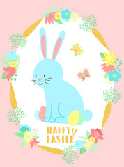 Vector image of a blue rabbit, butterflies and eggs in the flowers and carrots wreath. Hand-drawn Easter illustration of a bunny for spring happy holidays, summer, greeting card, poster, banner, child