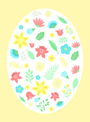 Vector image of egg with flowers and leaves on a yellow background. Hand-drawn Easter illustration for spring happy holidays, summer, greeting card, poster, banner, children