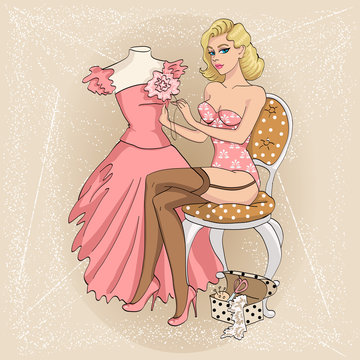 Sexy pin-up blonde girl sews dress 1950s stile