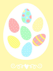 Vector image of eggs in a frame with decorations on a yellow background.  Hand-drawn Easter illustration for spring happy holidays, summer, greeting card, poster, banner, children, print