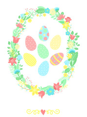 Vector image of eggs in the circle wreath of flowers and leaves. Hand-drawn Easter illustration for spring happy holidays, summer, greeting card, poster, banner, children, print, decor